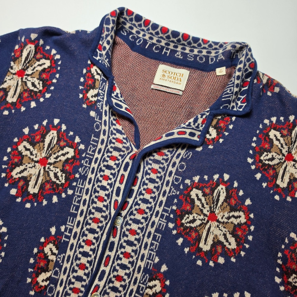 Scotch & Soda Mens Jacquard Camp Shirt Medium Navy Organic Cotton Button Up